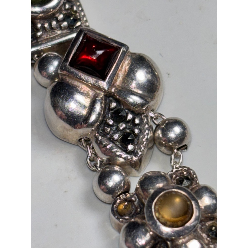 Vintage Sterling Silver Multi Gemstone Marcasite Ornate Link Bracelet 925 - Picture 9 of 13